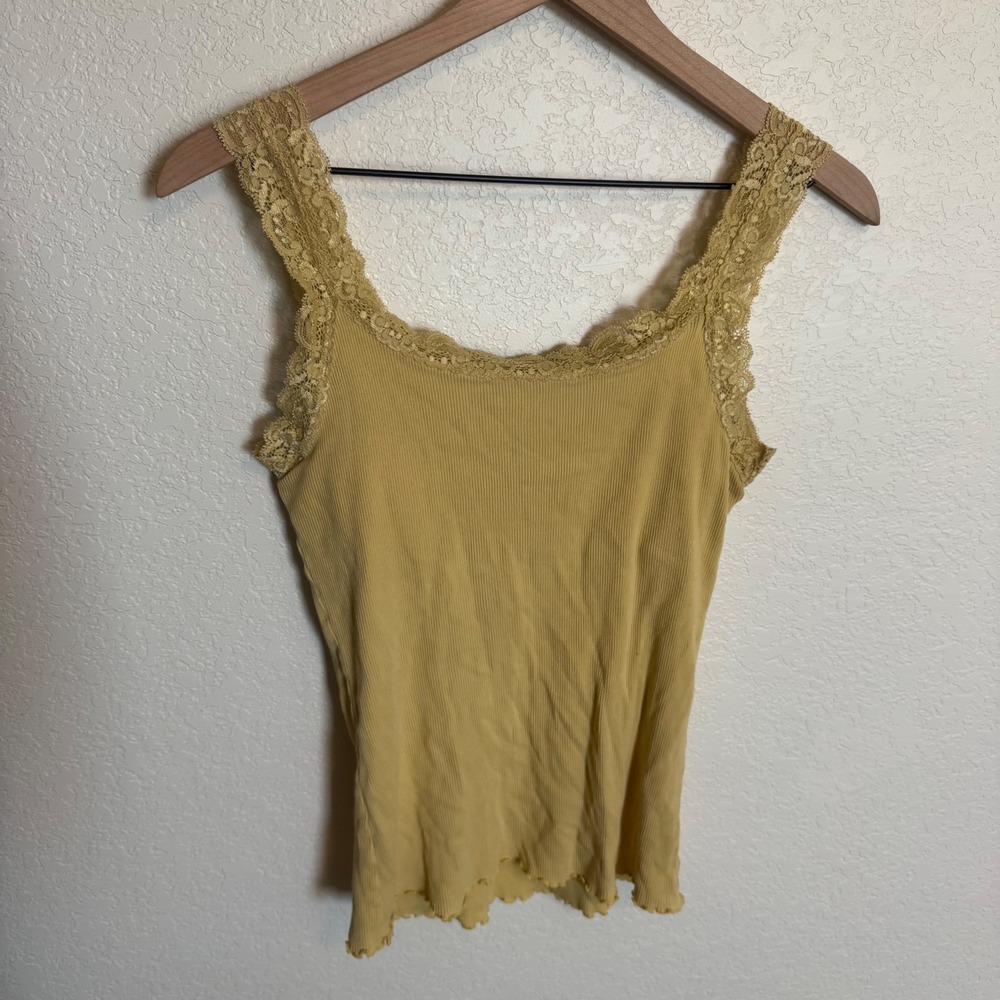 Y2K Coquette Fairycore Ribbed Lace Trim Tank Top Small Yellow - Picture 2 of 3